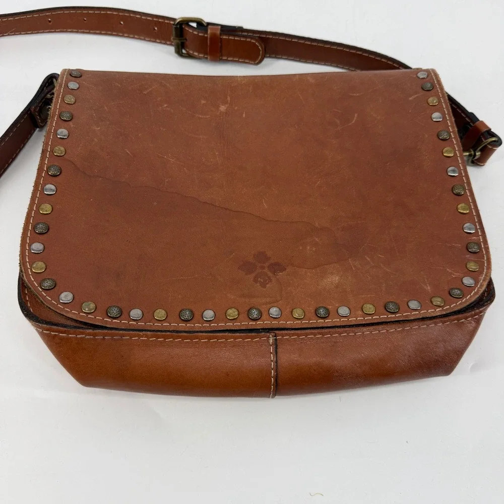 Patricia Nash Brown Italian Leather Studded Flap Crossbody Messenger Bag